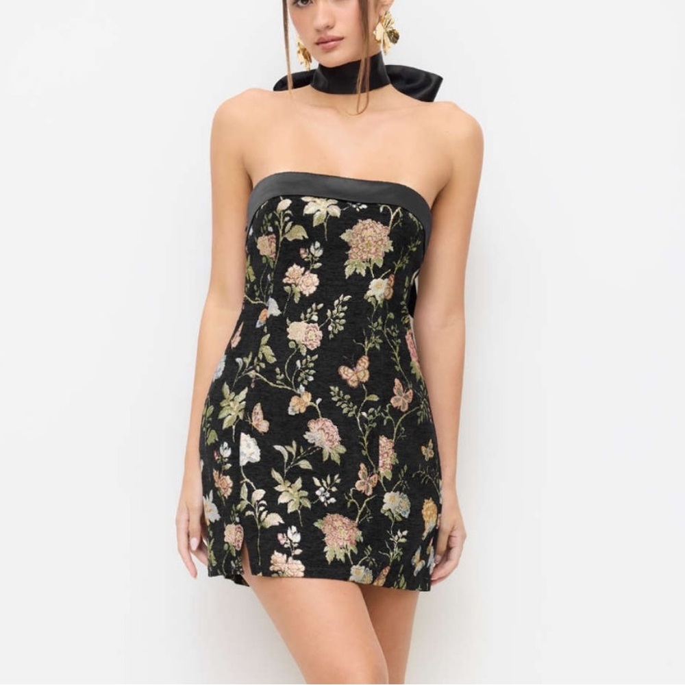 Black Floral Strapless Mini Dress